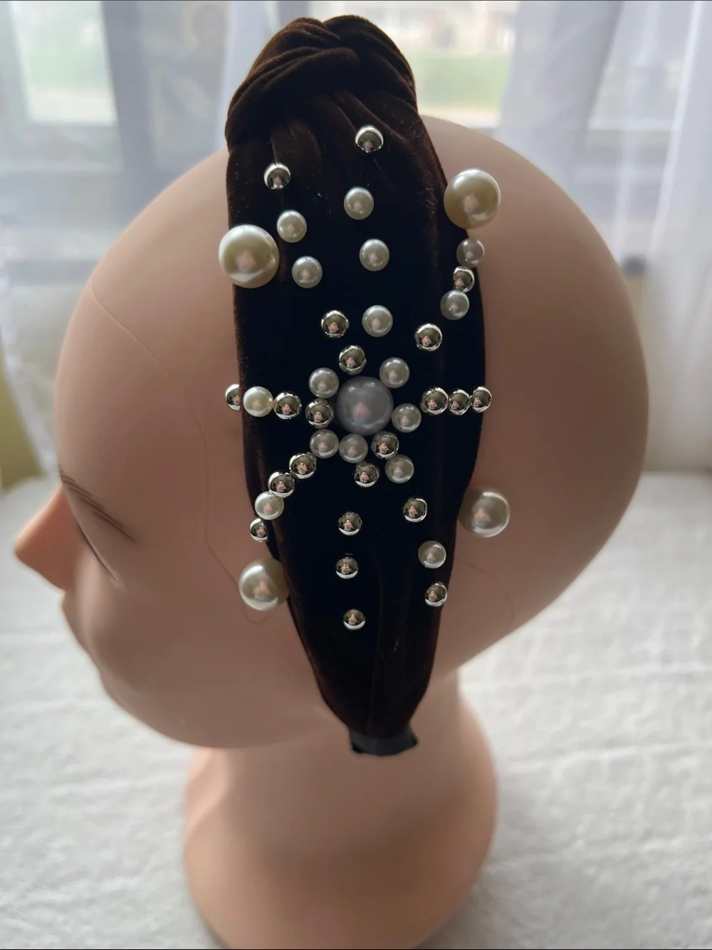 Natasha Couture Brown  Velvet Pearl Rhinestone Knotted Headband Embellished
